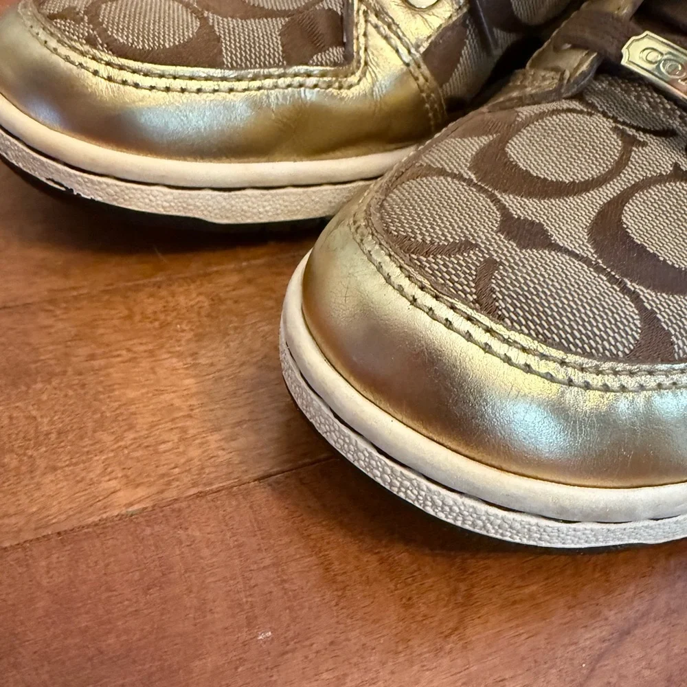 Coach Metallic Gold and Brown High-Top Sneakers - Picture 5 of 16